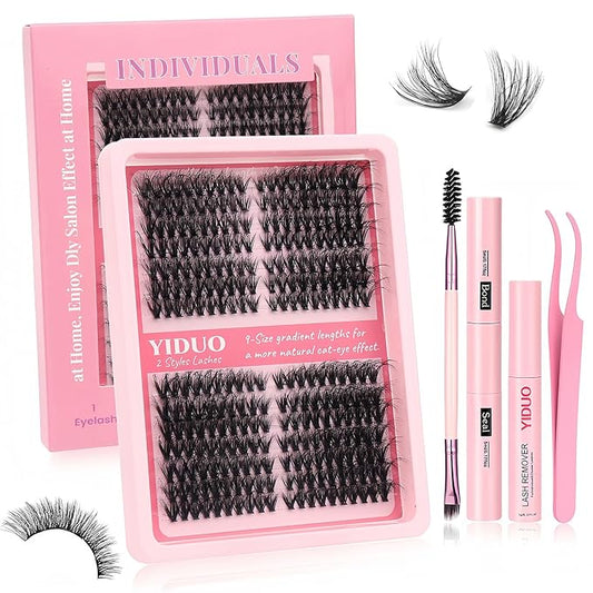 YIDUO Lash Clusters Kit 40D+50D 10-16mm Cat Eye Eyelash Extensions Kit Volume Wispy C/D Curl Left & Right Individual DIY Lash Extension Kit with Glue |Tweezers |Removers |Eyelash & Eyebrow Brush