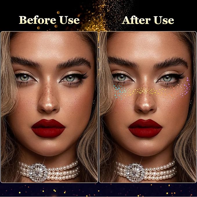 HyperFun 12Pcs Face Glitter Freckles, Face Glitter Fake Freckles Sticker, Gold Holographic Multichrome Waterproof Sparkle Freckles Makeup Patches for Women Rave Festival Accessories Concert Party Prom