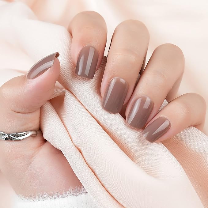 Short Press on Nails Brown Square, Glossy Acrylic Solid Fake Nails Natural, 24pcs False Nails with Designs, Glue on Nails Art Kit for Women