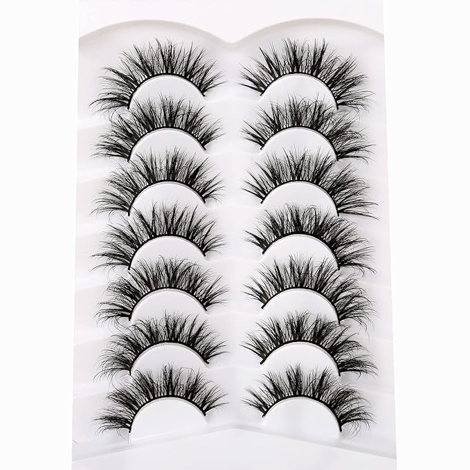 Pooplunch False Eyelashes Wispy Mink Lashes Cat Eye Natural Crossed Cluster Look 8D Volume Fake Eyelash Strips Faux Mink Lashes 7 Pairs Pack