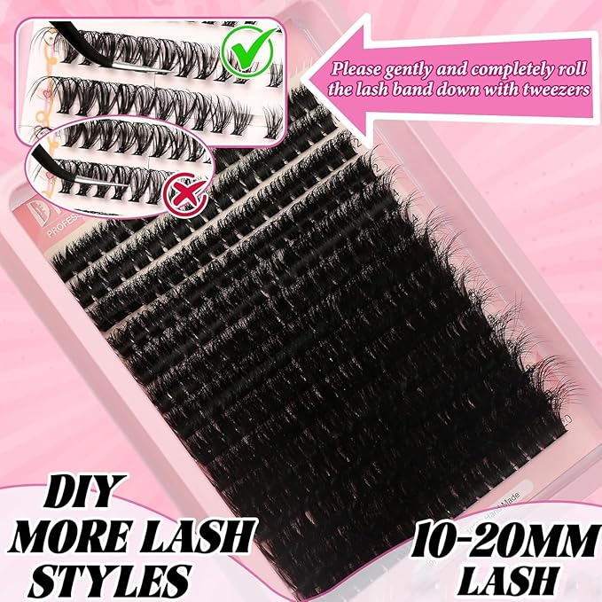 D Curl Eyelash Lash Clusters Lashes Extensions 280 Pcs Volume Wispy Individual Eye Lash Cluster 100P DIY Home Makeup Thin Band Clusters Lashes Extension Kit (9-20MM)