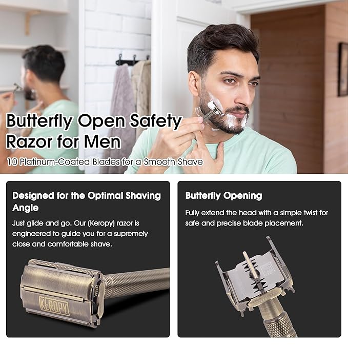 Premium Brass Double Edge Safety Razor Kit, Heavy Duty Anti-Rust Shaver for Classic Wet Shave - Luxury Shaving Gift for Him, Dad - High-End Reusable Razor Set - Bronze