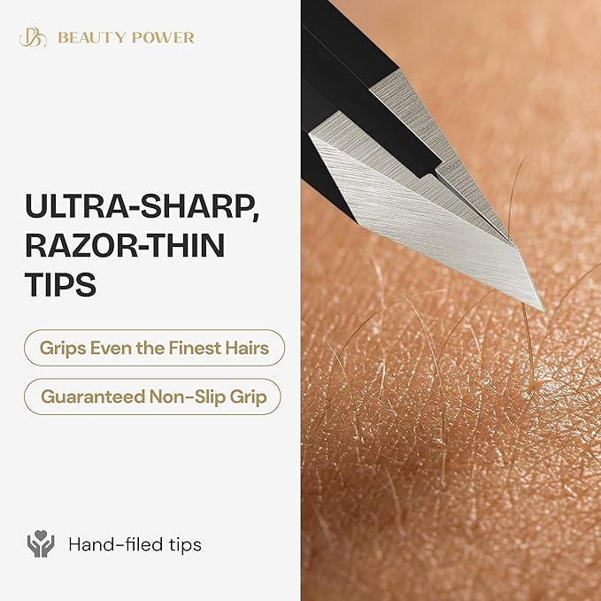Beauty Power Professional Ultra-Precision Slant Tweezers for Women Facial Hair - German Stainless Steel, Tweezers for Men & Women, Black Eyebrow Tweezer for Ingrown Hair - Black
