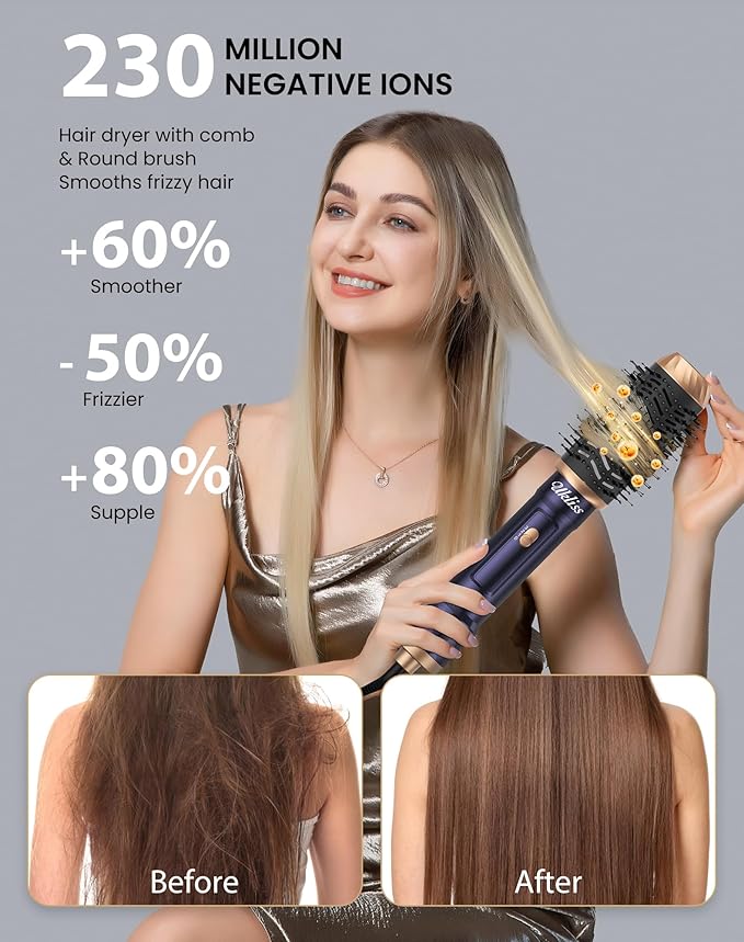 Ukliss Hair Dryer 6 in 1 & Blow Dryer Brush | Controlled Airflow for Effortless Auto-Wrap Curls & Frizz-Free Shine, Salon Styling at Home for All Hair Types with ALCI Plug,Blue