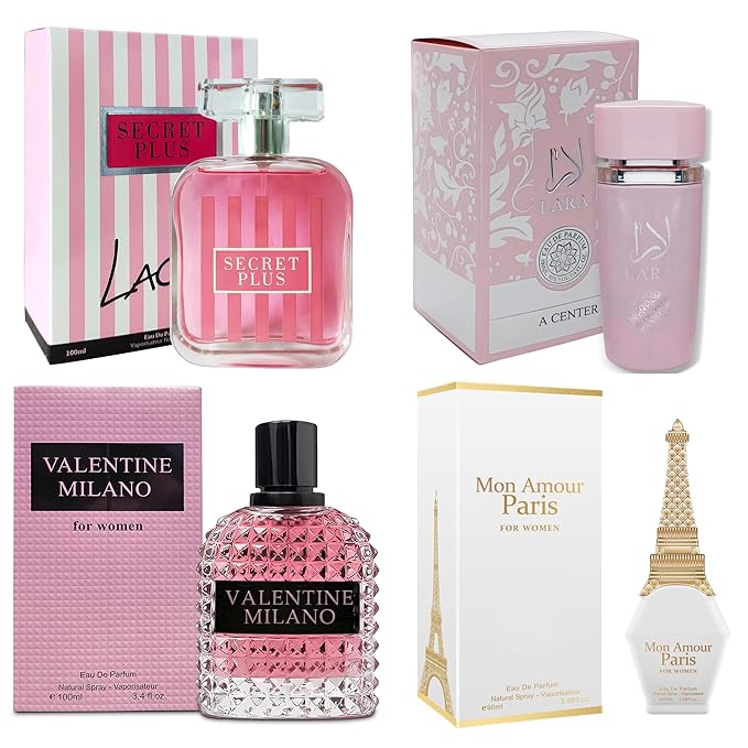 A CENTER 4PCS Perfume Set for Women - Floral Fragrance Gift Set with Vanilla,Sweet Fruity, Eau De Parfume| 3.4 Fl Oz Each Women's Cologne(Valentine Milano,Mon Amour Paris,Scret Plus,Lara Pink)