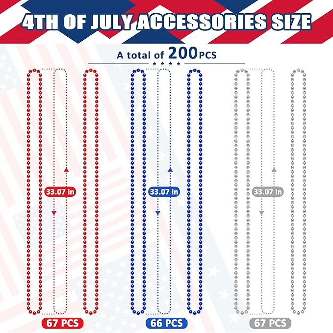 EOBOH 4th of July Necklace, 200PCS Independence Day Beads Toy Necklace Accessories, Fourth of July Red Blue Silver Bulk, Beads Bulk for Patriotic Parade Party Toy Celebration Favors