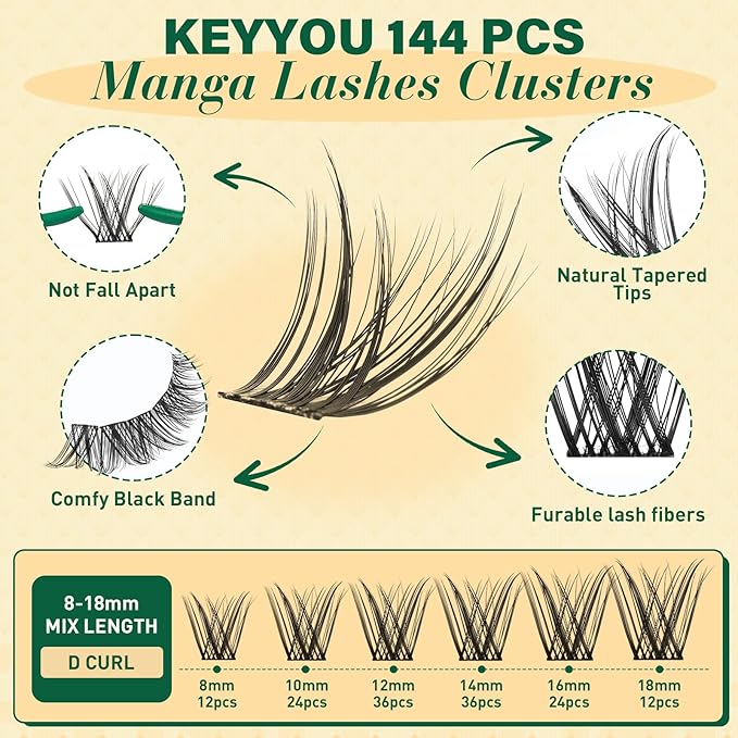 KEYYOULASH Manga Lash Clusters 8-18mm Fairy Eyelash Clusters Natural DIY Lash Extension Wispy with Soft Thin Band(MG04)