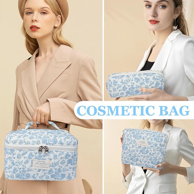 3PC Makeup Bag Set, Quilted Makeup Bag, Large Floral Cosmetic Bag for Women, Cute Cotton Makeup Bags, Flower Travel Toiletry Organizer Bag (Pink Flower)
