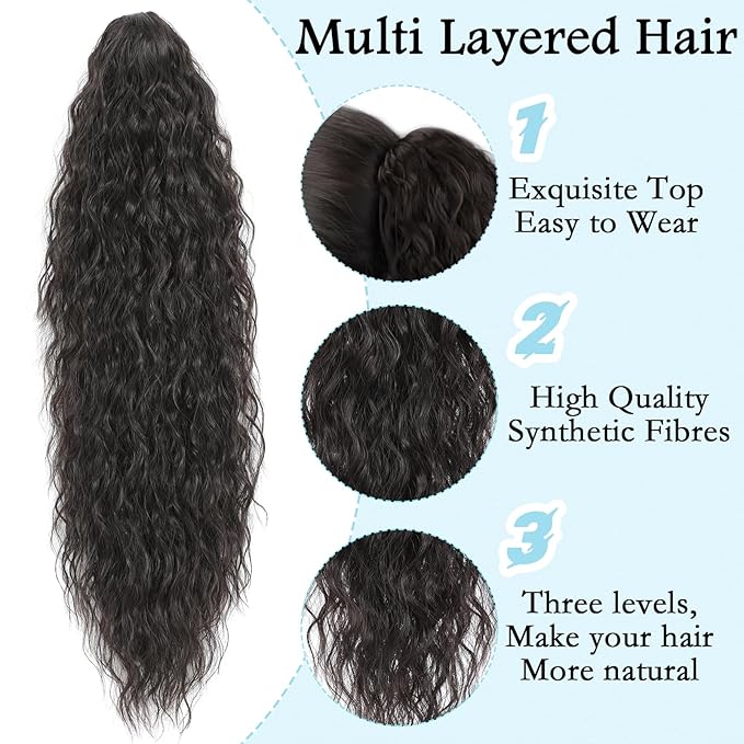 Ponytail Extension, Claw Clip on Pony tails Hair Extension for Women 28 Inch Long Wavy Curly Fake Ponytail Clip in Hair Pieces for Women Fluffy Natural Looking (Dark Brown, 28 Inch)