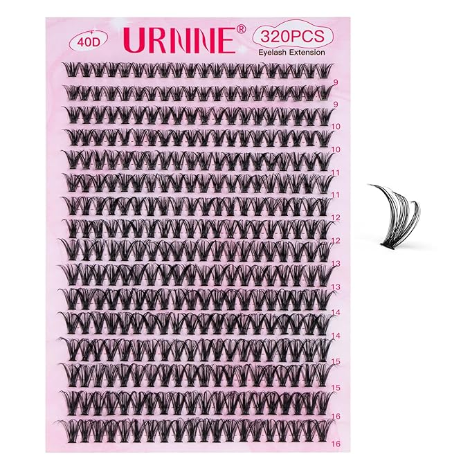 URNNE Lash Clusters 40D Eyelash Clusters 9-16mm Wispy Individual Lashes D Curl Cluster Eyelash Extensions 320pcs DIY Lash Extension （LD11）