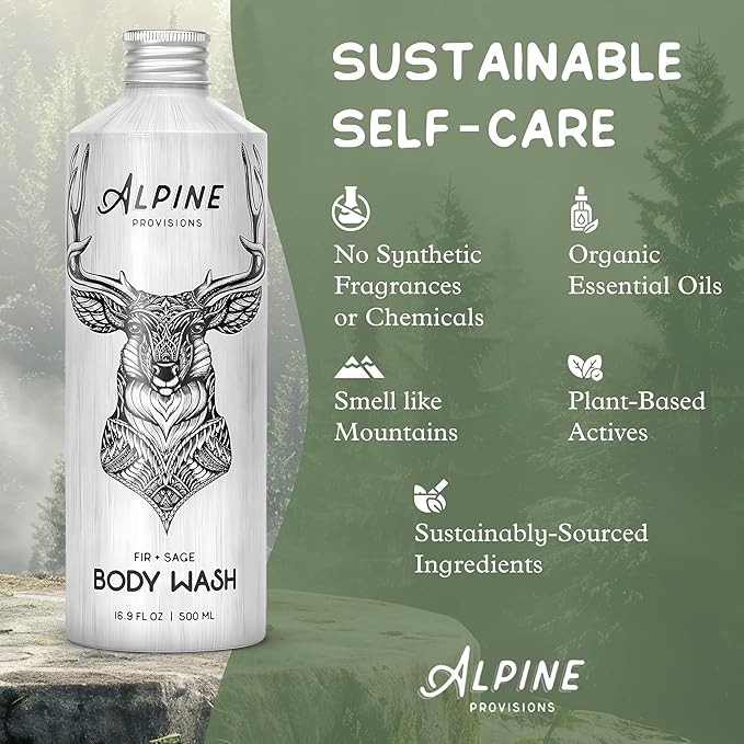 Alpine Provisions Natural & Organic Body Wash with Fir & Sage – Moisturizing Body Wash with Aloe Vera, Coconut Oil & Essential Oils – Vegan, Sulfate-Free, Plastic-Free – 16.9 fl oz