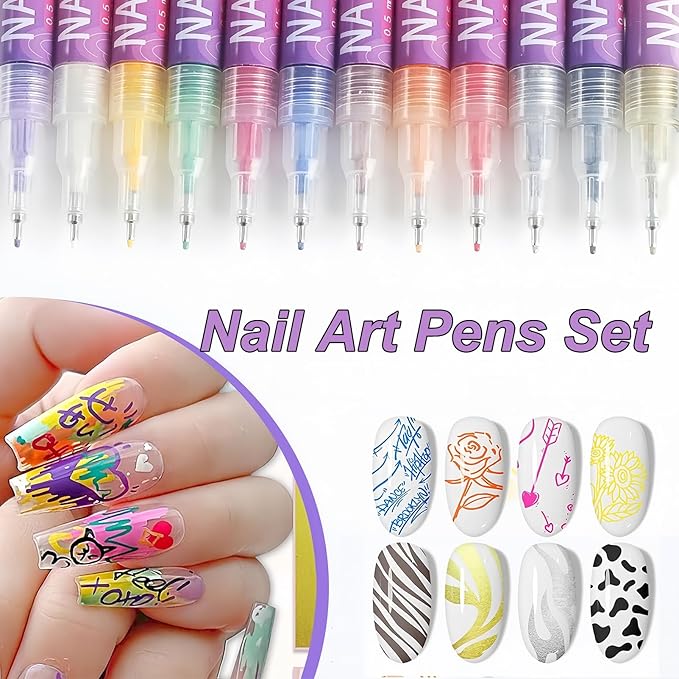 12 Colors Nail Art Pens Set, 0.5mm Fine Tip Nail Art Marker for DIY Nail Designs, Water-Based Quick Dry Nail Drawing Pens, Multi-Color Nail Painting Liner Pens for Manicure Beginners & Nail Artists