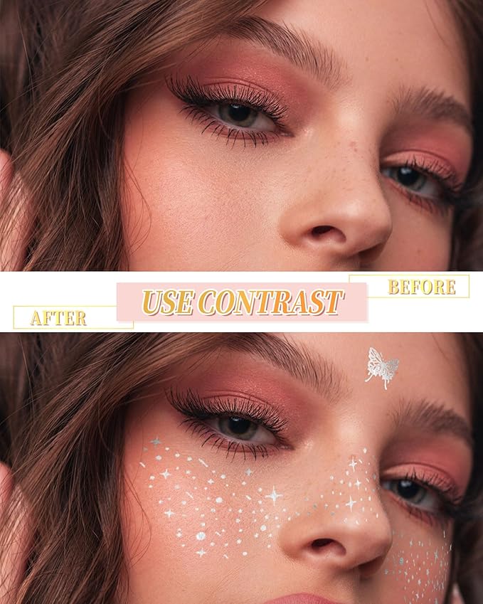 SUMEITANG Glitter Freckles Face Tattoo Patches - 12PCS Temporary Sparkle Face Stickers with 10 Remover Wipes | Waterproof Festival Rave Party Makeup Accessories for Women Girls (Silver)