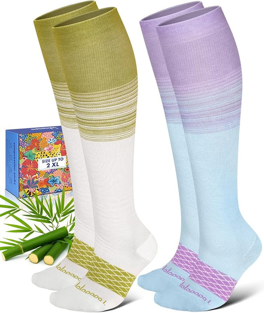 Lalapapa Bamboo Viscose Compression Socks for Women Men 2 Pairs 15-20mmHg Knee High Compression Socks Travel Nurse