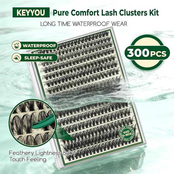 KEYYOU DIY Lash Extension Kit 300pcs Soft Lash Clusters 60D D Curl Easy to Apply with Lash Bond and Seal Lash Applicator Lash Remover Eyelash Extension Kit at Home(RMkit-60D-D-9-18mix)