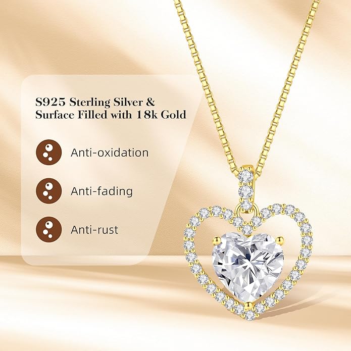 geweio 2CT Moissanite Heart Necklace for Women Wife in Gift Box,S925 Sterling Silver Jewelry for Women,Anniversary Birthday Present for Wife Her Girlfriend,18K Gold/White Gold Filled