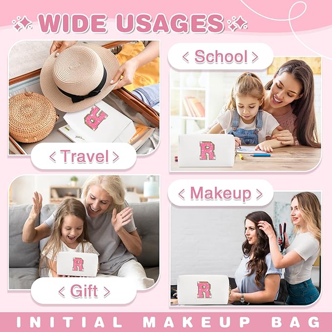 Small Personalized Initial A-Z Patch Makeup Bag,White Cute PU Leather Glitter Letter Cosmetic Bag for Teen Girls,Travel Toiletry Bag with Zipper,Preppy Monogrammed Birthday Gift for Daughter Niece R