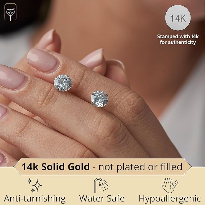 14k Gold Solitaire Round Cubic Zirconia Earrings Studs for Women & Men | Anti Tarnishing CZ Stud Earrings with 14k Gold Butterfly Pushbacks | 4MM-7.5MM by MAX + STONE