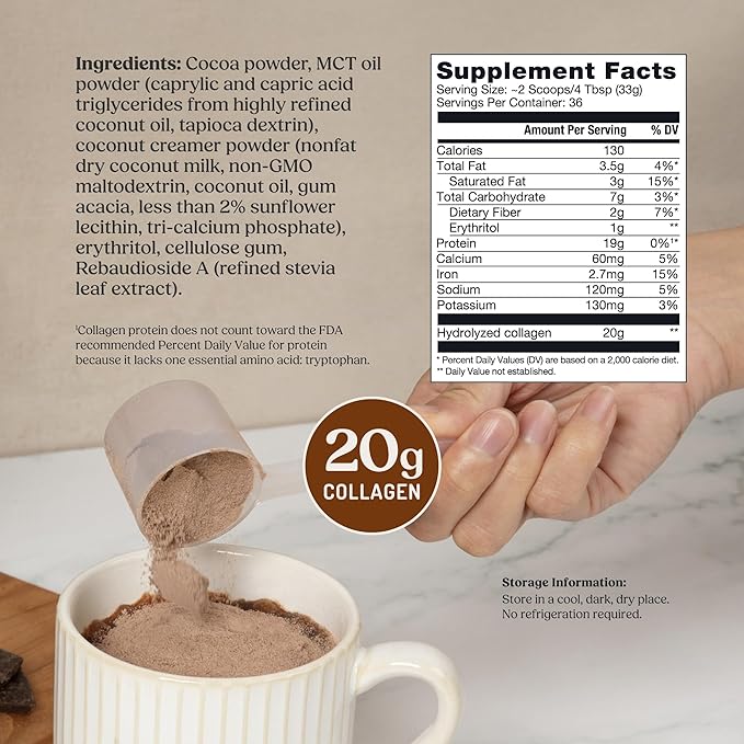Bulletproof Chocolate Collagen Protein Powder with MCT Oil, 19g Protein, 42.3 Oz, Value Size, Collagen Peptides and Amino Acids for Healthy Skin, Bones and Joints