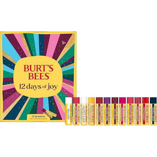 Burt’s Bees 12 Days of Joy Advent Calendar; 12 Surprise Lip Balms Including Juicy Cherry, an Amazon Exclusive; 24 Hour Moisture, 100% Natural Origin, Responsibly Sourced Beeswax, 12 Tubes, 0.15 Oz.