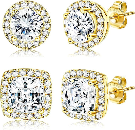 Hayoso 18K Gold Plated Halo Stud Earrings 925 Sterling Silver Cubic Zirconia Stud Earrings Round Square Diamonique Stud Earrings Set for Women Men