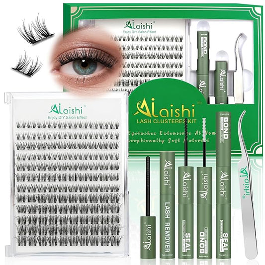AILAISHI Lash Clusters Kit, DIY 3D Cluster Eyelash Extensions 10‑18mm,120pcs Fluffy D Curl Soft Natural Lashes with Bond and Seal,Remover,Tweezers–Fake Cat Eye Wispy Individual Clusters MIX1-1-L