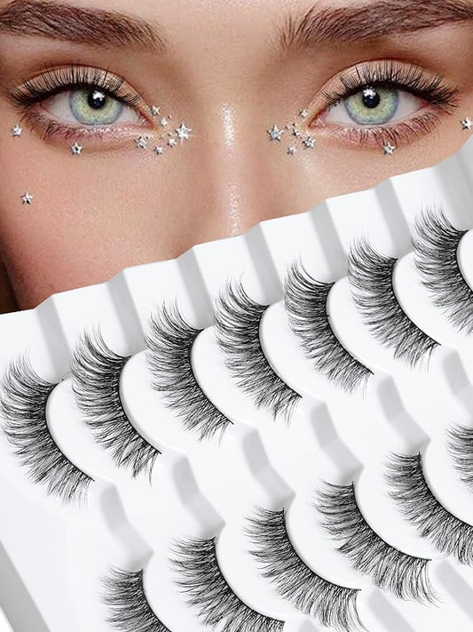 Siligli Cat Eye Lashes - Natural 15mm Wispy False Eyelashes, Thin Band, 3D Volume, Curly, 7 Pair Pack