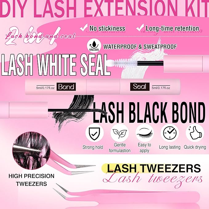 FANXITON DIY Lash Extension Kit 40D D Individual Lashes Lash Clusters Kit Cluster Lashes Lash Bond and Seal and Lash Tweezers for Lash Clusters Kit DIY at Home