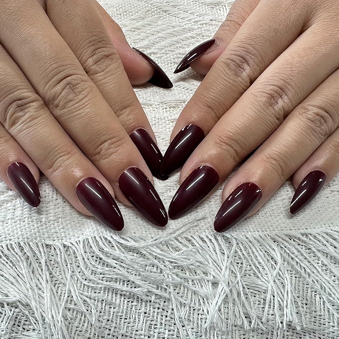 JONKASIPA Medium Almond Shape, Press On Nails, Burgundy Red Fake Nails Short Oval, Reusable Acrylic Patch Fake Nail Set Designed for Women