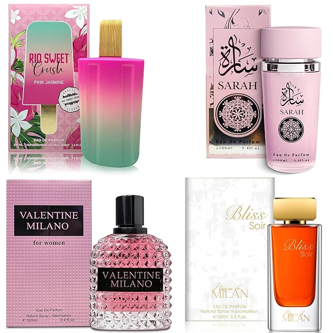 A CENTER 4PCS Perfume Set for Women - Floral Fragrance Gift Set with Vanilla,Sweet Fruity, Eau De Parfume| 3.4 Fl Oz Each(Valentine Milano,Bliss Soir,Sarah,RIO Jasmine)