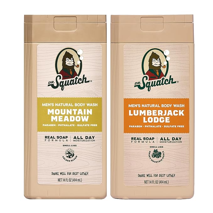 Dr. Squatch Natural Body Wash for Men - Non-Exfoliating - Mountain Meadow + Lumberjack Lodge (14 oz, 2 Pack)