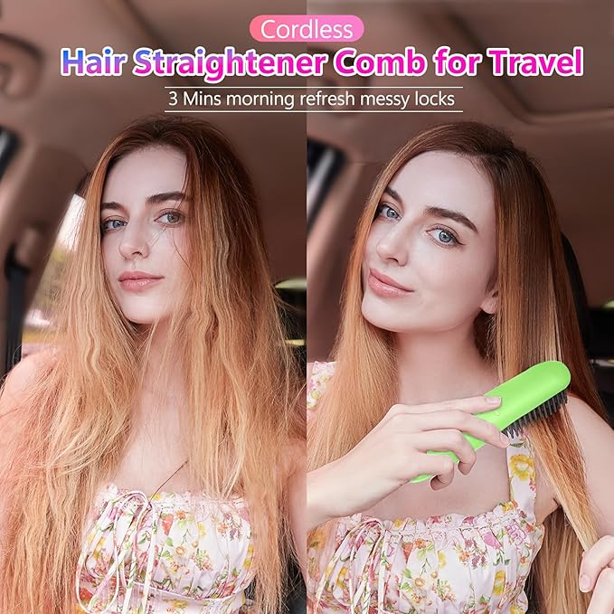 STUDLLY LCD Screen Cordless Hair Straightener Curler 2 in 1, Portable Mini Hair Straightening Brush for Travel Negative Ionic Fast Heating Hot Comb for Women, Folding Brush with Mirror, Green