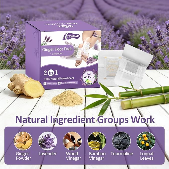 Ginger Foot Pads, 60 Pads One-Piece Design Premium Natural Bamboo Vinegar Foot Care Pad with Natural Crystals for Stress & Fatigue Relief, Ideal for Winter Better Sleeping, Lavender Scented