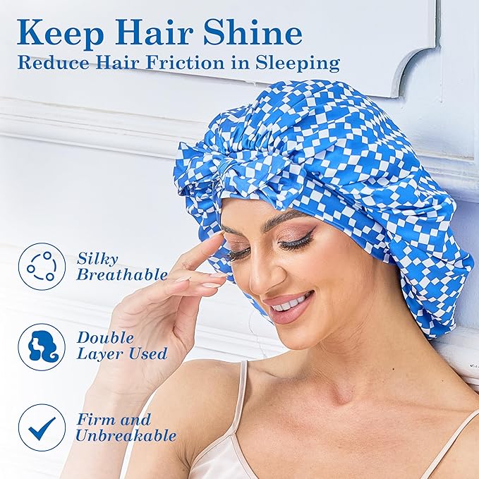 Silk Satin Bonnet for Sleeping Hair: Women Sleep Night Wrap Cap for Straight Wavy Curly Coily Kinky Natural Hair Head by Tie Band - Blue & White Checkered + Pink