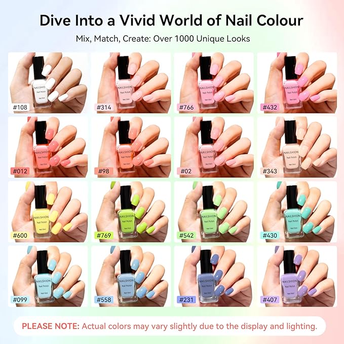 Nailshion Pastel Nail Polish Set-16 Colors Macaron Pink Blue Yellow Nude Pink Purple Air Dry Nail Polish Set with Base Top Coat & Remover Pads,Vegan, Non-gel Air Dry DIY Nail Art Salon Gift for Women
