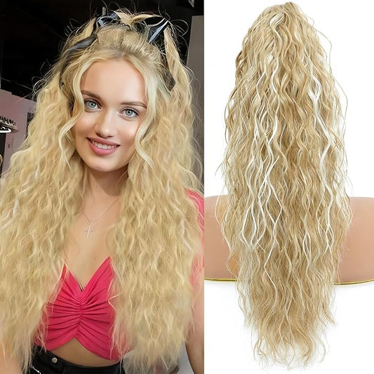 Ponytail Extension, Claw Clip on Pony tails Hair Extension for Women 28 Inch Long Wavy Curly Fake Ponytail Clip in Hair Pieces for Women Fluffy Natural Looking (Blonde with white Highlights)