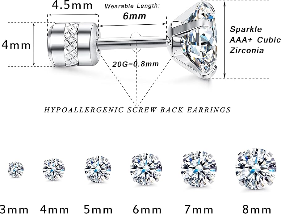 Fansilver 20G Hypoallergenic Flat Back Earrings for Women Men Silver 14K Gold Stainless Steel Stud Earrings Brithstone Cubic Zirconia Studs Surgical Steel Cartilage Earrings for Sensitive Ears