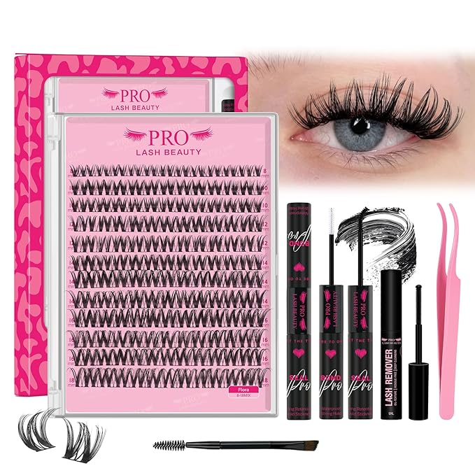 PROLASHBEAUTY Flora Lash Clusters Kit with Lash Bond and Seal Eyelash Applictor Lash Remover DIY Lash Extension Kit for Beginner Waterproof Resuable Eyelash Extensions at Home (Flora,8-18mix)