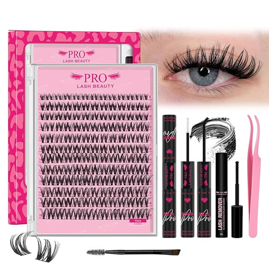 PROLASHBEAUTY Flora Lash Clusters Kit with Lash Bond and Seal Eyelash Applictor Lash Remover DIY Lash Extension Kit for Beginner Waterproof Resuable Eyelash Extensions at Home (Flora,8-18mix)
