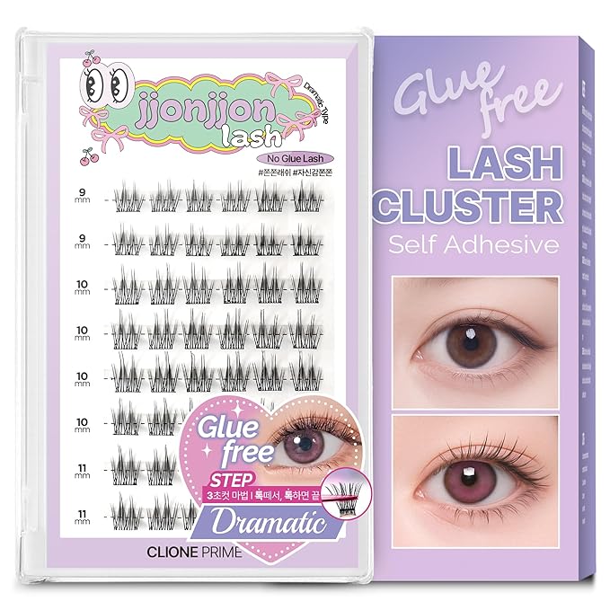 CLIONE PRIME Korean Self Adhesive Lash Clusters Dramatic Look No Glue Press On Pre Bond Lash Clusters Fluffy Self Adhesive False Eyelashes No Glue Needed Reusable Wispy Eyelash Extensions