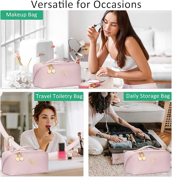 Gifts for Women Bridesmaid Gifts Personalized Initial Makeup Bag PU Leather Cosmetic Waterproof Travel Toiletry Bag (Medium)