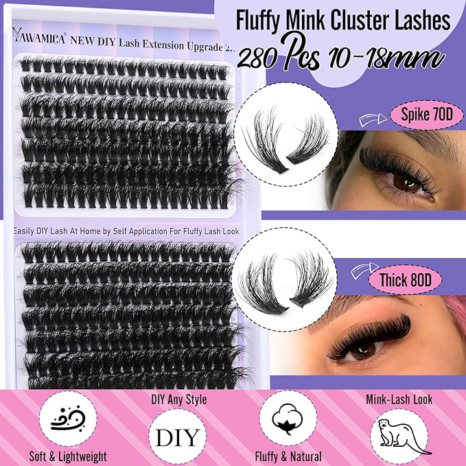 Yawamica Lash Clusters Fluffier Wispy Individual Lashes 70D+80D Volume Cluster Eyelash Extensions 10-18MIX D Curly Eyelash Clusters 280pcs DIY Lash Extension