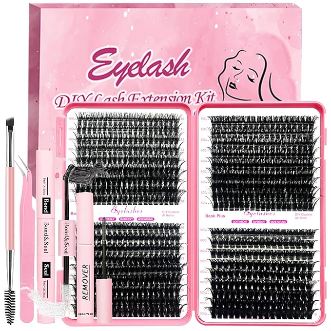 Qiveaory DIY Lash Extension Kit 684pcs Individual Lashes Clusters D Curl Eyelash Extension Kit with Lash Bond and Seal,Eyelash Remover Tweezers Brush(10-18mm,50D+60D+80D+100D) Lash Books DIY at Home
