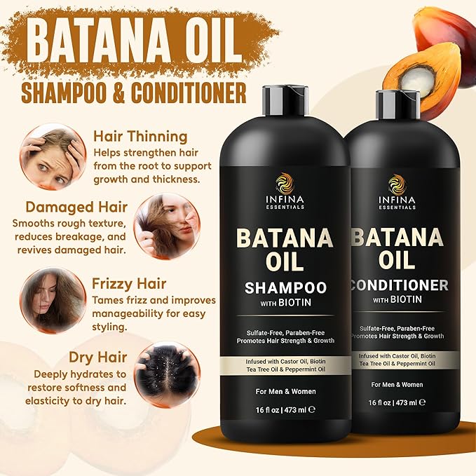 INFINA ESSENTIALS Batana Oil Shampoo and Conditioner Set | 16 fl oz Each | with Biotin & Tea Tree | Moisturizing, Strengthening & Nourishing Formula | Promotes Hair Growth and Thickness