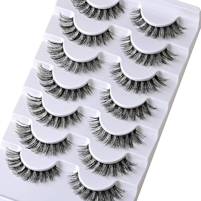APCYUST Lashes Wispy False Eyelashes Natural Cat Eye Strip Lash Fluffy Fake Lashes Strips Clear Band Mink Eyelash Natural Look Cateye Demi Wispies Eye Lashes Pack 7 Pairs Short Full Pestañas Set