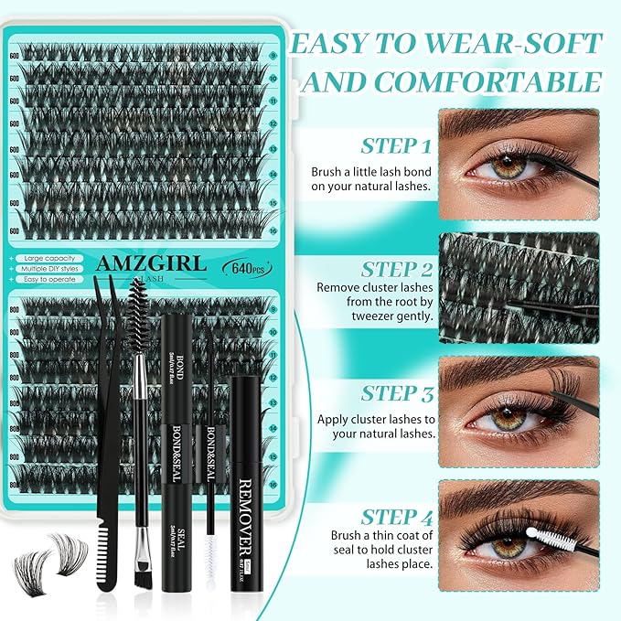 Lash Clusters Kit 640Pcs, 30D+40D+60D+80D Eyelash Extension Kit, Lash Bond and Seal Waterproof, Lash Remover, Lash Applicator Tool and Function Brush for DIY Lash Extension Kit(D-Mix9-16mm Kit)