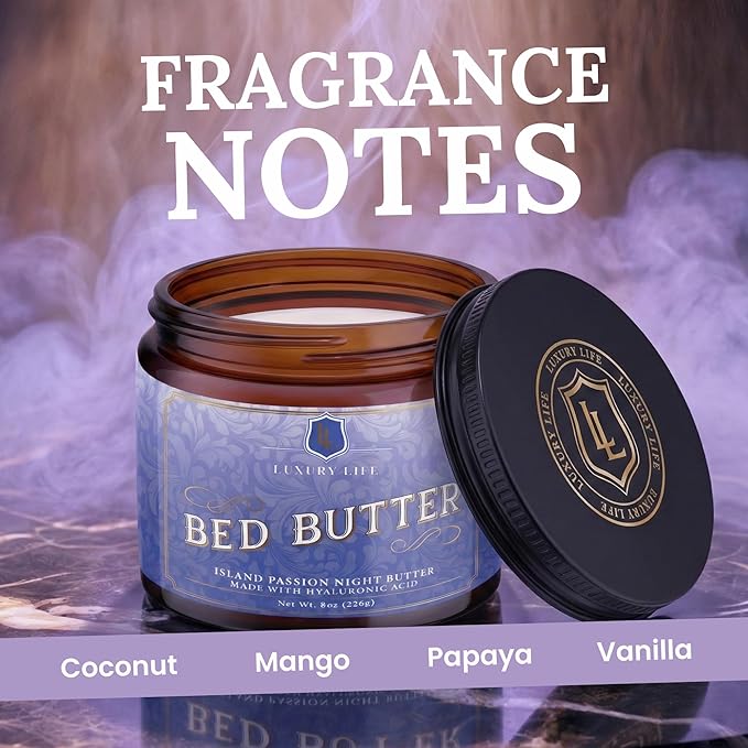 LUXURY LIFE Bed Butter - Irresistibly Fragranced Mood-Enticing Butter Infused with Hyaluronic Acid. Extra Rich Calming Nighttime Moisturizer for Sensual Stimulating Experience (Island Passion, 8 oz)