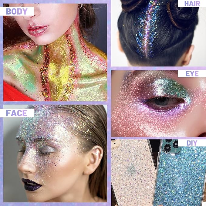 DAGEDA Body Glitter Gel, Roll-on Face Glitter for Mermaid Makeup Festival Rave Accessories, Holographic Hair Glitter Gel,Body Shimmer Halloween Makeup for Rave Party(Laser Gold)