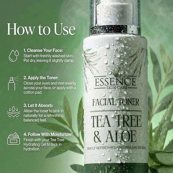Essence Skin Care Tea Tree & Aloe Facial Toner, Hydrating Mist with Calendula Extract, Black Willow Bark, Salicylic Acid, Refreshing Spray for Balanced Skin, Pore Refining, Lightweight Formula