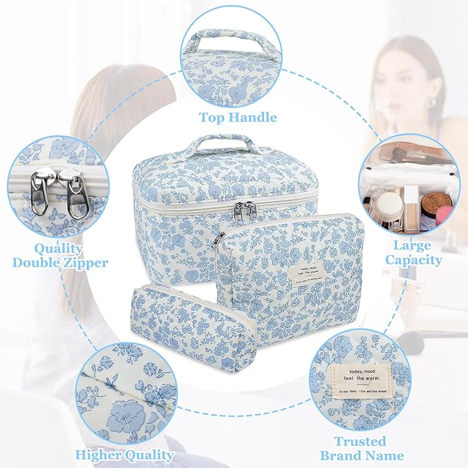 Makeup Bag, Large Quilted Cosmetic Bag, Big Floral Make Up Bag for Women Girls, Cute Cotton Makeup Bag Set, Flower Travel Toiletry Organizer Bag (Blue Flower)